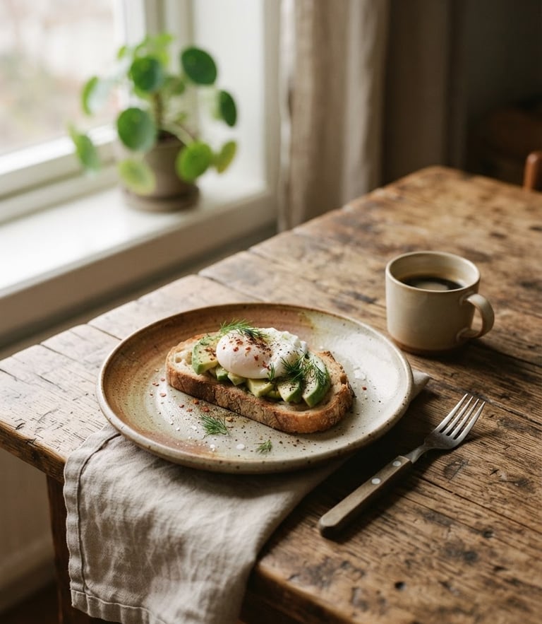 Close-up of a rustic wooden table with a ceramic plate, soft natural window light casting deep shadows, warm Scandinavian editorial aesthetic, 35mm film photograph.
