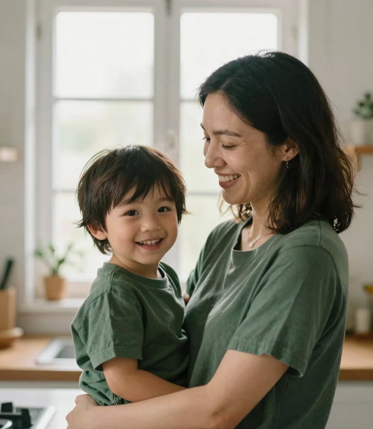 A warm, candid shot of a mother and child smiling together in a sunlit kitchen, soft morning window light, shallow depth of field
