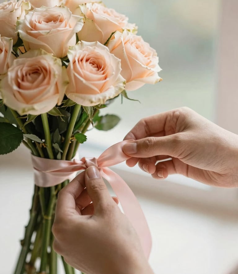 Close-up of hands gently tying a soft pink satin ribbon around a fresh bouquet of blush roses, warm morning window light, shallow depth of field, 35mm