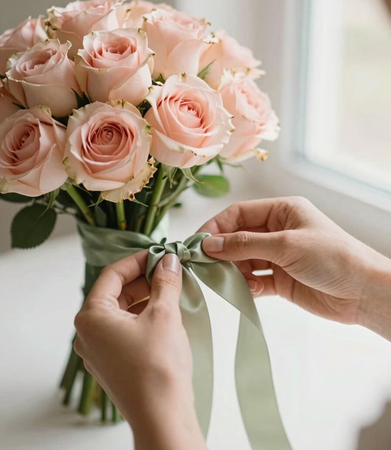 Close-up of hands gently tying a soft sage green satin ribbon around a fresh blush pink rose bouquet, warm diffused morning window light, shallow depth of field, 35mm