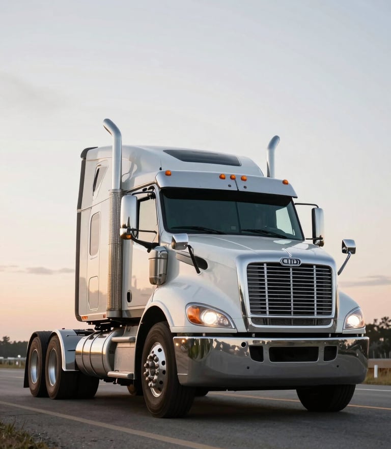 Low-angle heroic shot of a clean heavy Class 8 semi-truck on an open highway at early morning golden hour, chrome glinting under overcast skies