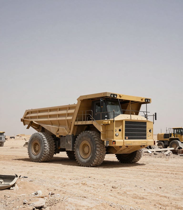 Low-angle documentary shot of heavy transport machinery operating on an active construction site in Iraq, harsh desert daylight with strong shadows, desaturated earth and steel tones.