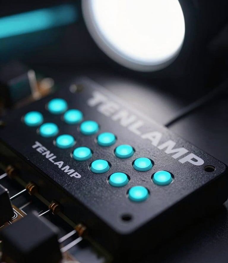 Macro close-up of a TENLAMP sound card with glowing cyan LED indicators, low-key dramatic lighting, sharp studio key light.