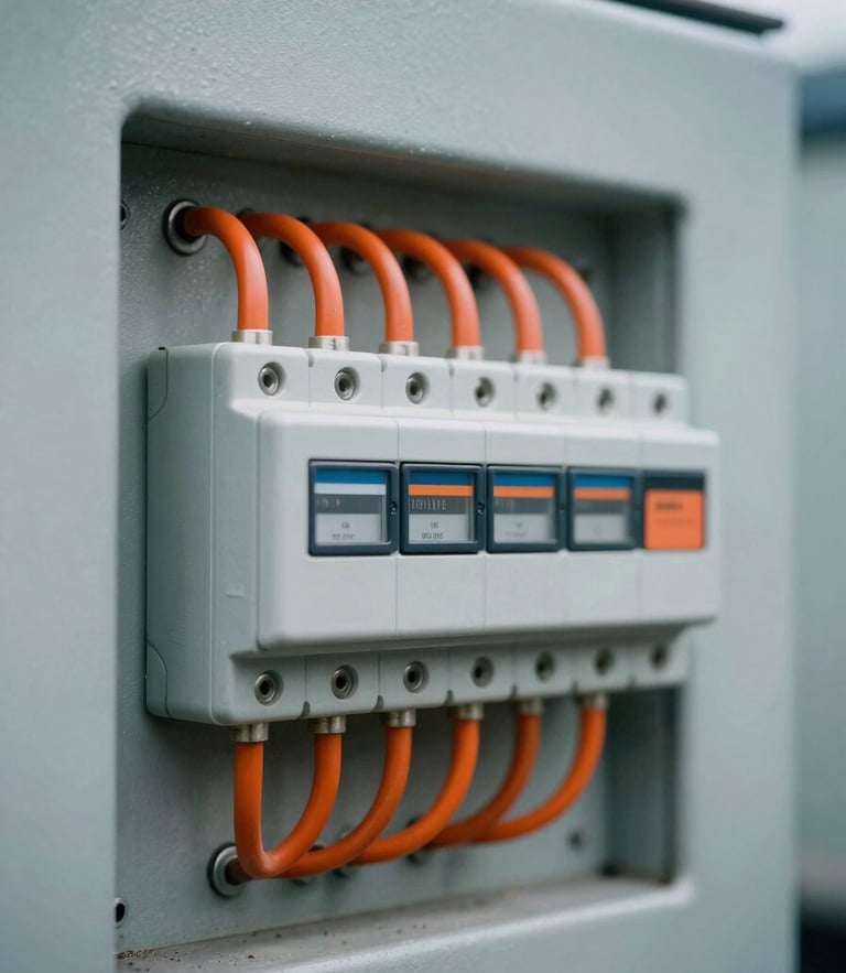 Close-up of industrial electrical control panel, high-contrast orange wires, desaturated steel casing, sharp focus, 35mm.