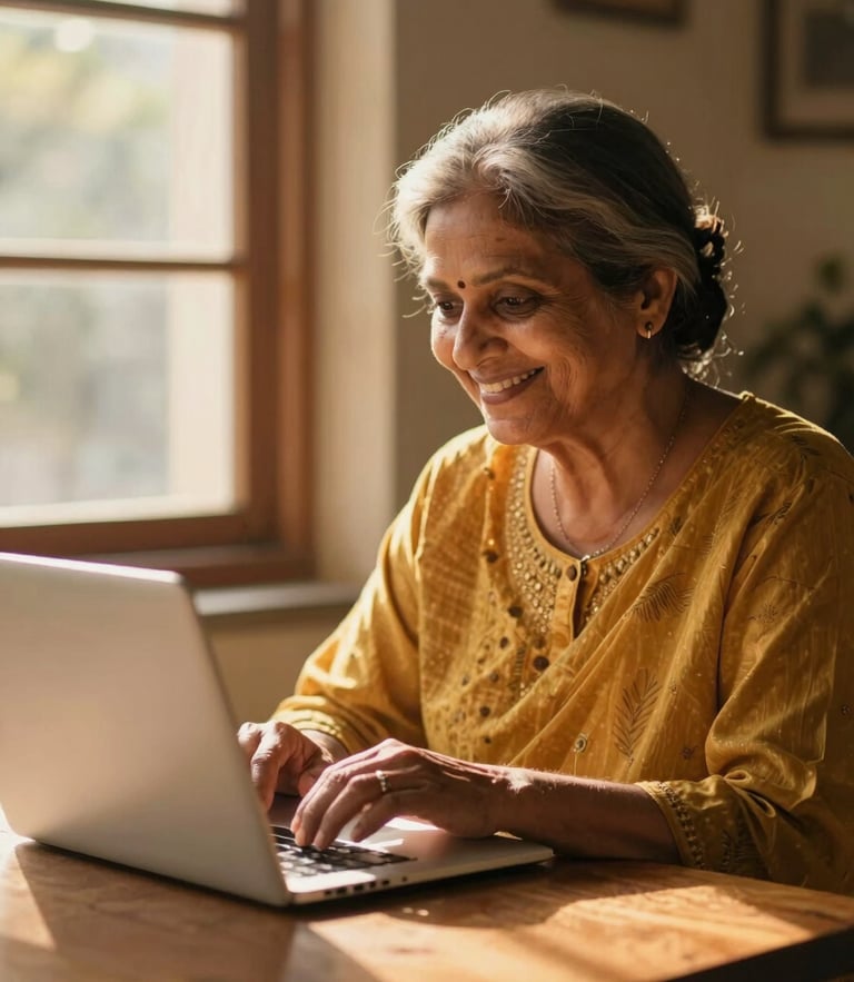 A smiling Indian grandmother sitting at a sunlit wooden table, typing happily on a laptop, soft golden hour window light, warm editorial 35mm photography