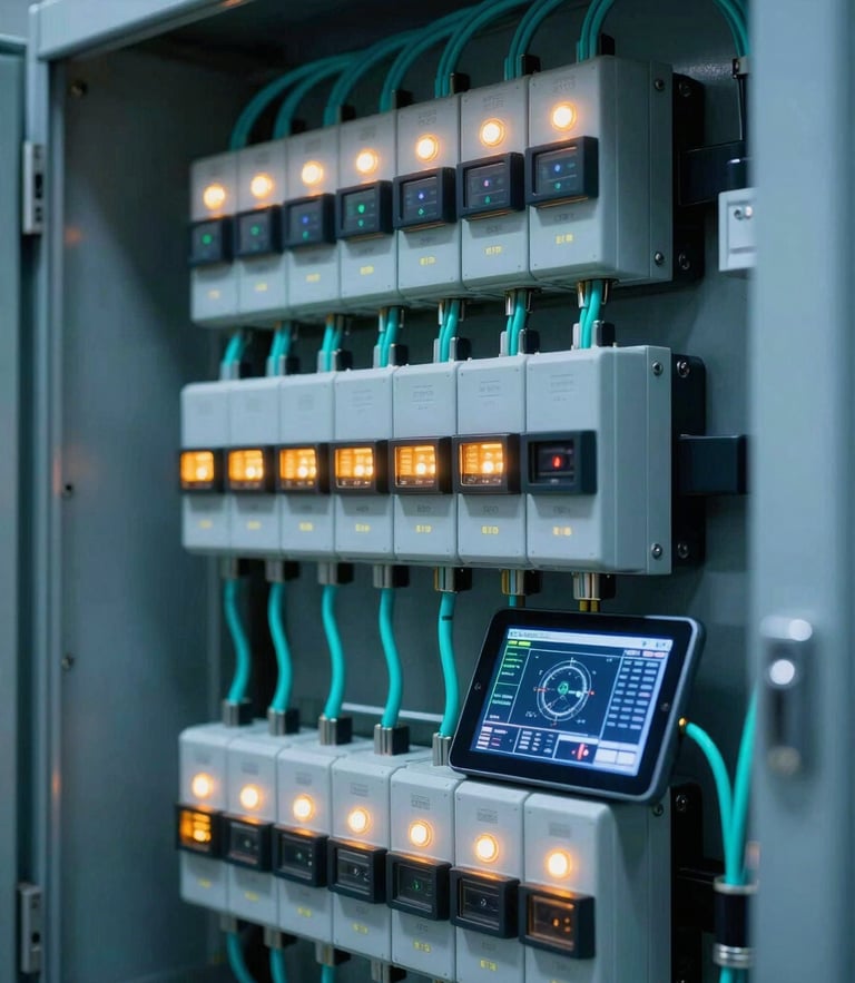 Macro shot of a high-tech industrial electrical panel with structured neon cyan wiring, glowing status LEDs, and a tablet showing real-time SCADA telemetry, cool blue and amber tones, sharp focus