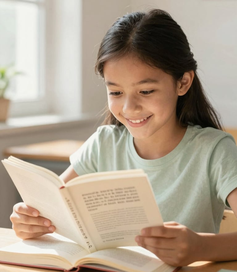A smiling young Canadian girl of diverse background sitting at a wooden desk, looking focused and happy while reading an open French book, bright natural daylight, soft cream tones.