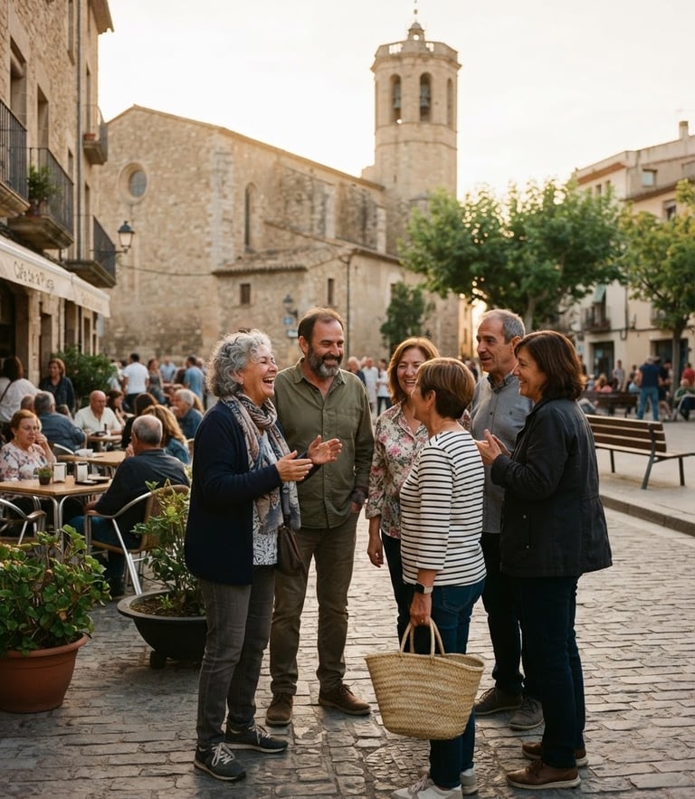 A group of cheerful Catalan neighbors talking naturally in a sunlit public square in Cervelló, warm golden-hour daylight, authentic community moment, 35mm photography