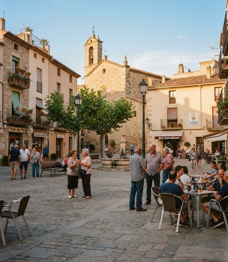 A wide environmental photo of a sunny public square in Cervelló, with neighbors talking in the background, warm golden-hour tones, 35mm.