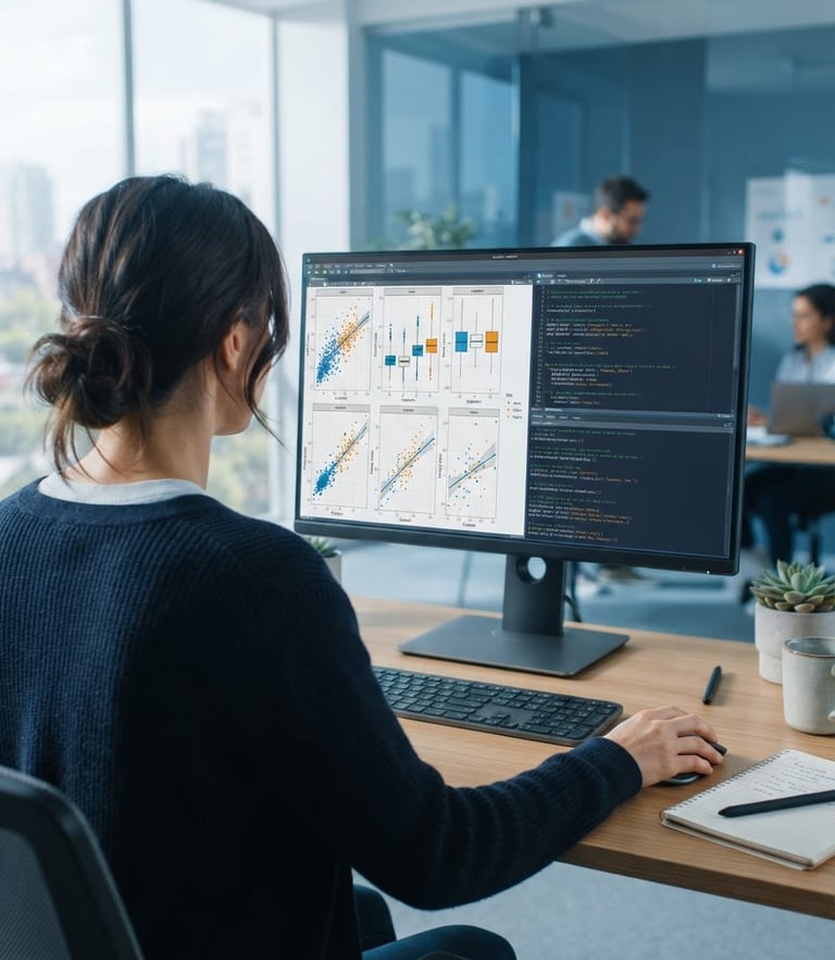 Over-the-shoulder shot of a biostatistician reviewing clean data visualizations and R code on a high-resolution screen in a bright, modern workspace with cool blue tones.