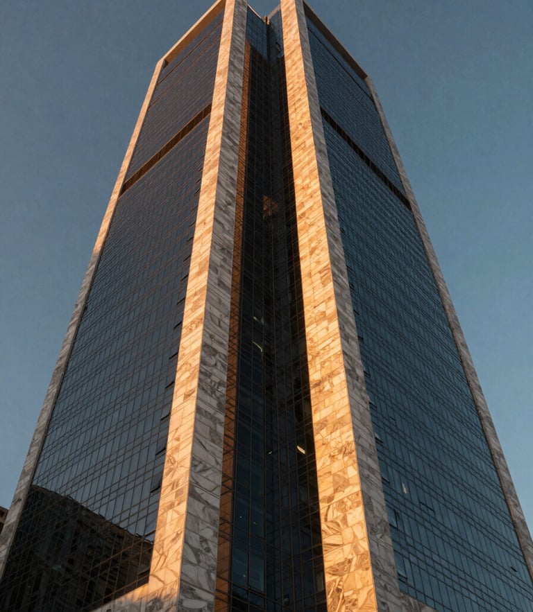 Heroic low-angle architectural photograph of a modern corporate skyscraper in Riyadh during golden hour, sharp geometric lines, dramatic shadows, premium marble and glass facade.