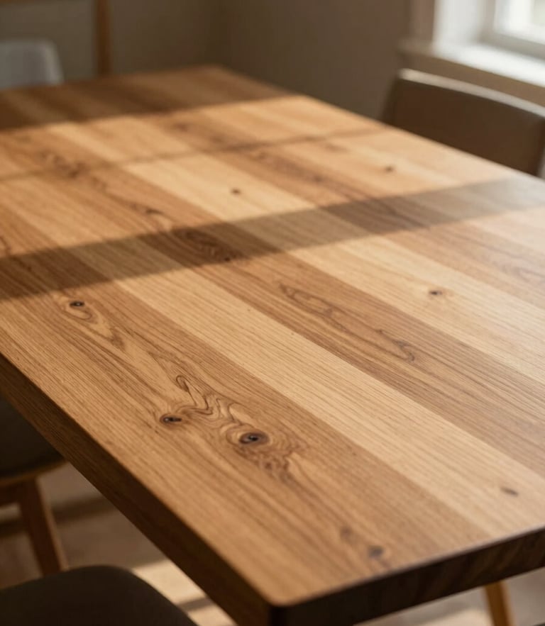 Low-angle warm editorial photo of a solid oak dining table in a sunlit room, soft window light casting deep shadows on the rich wood grain, shallow depth of field.