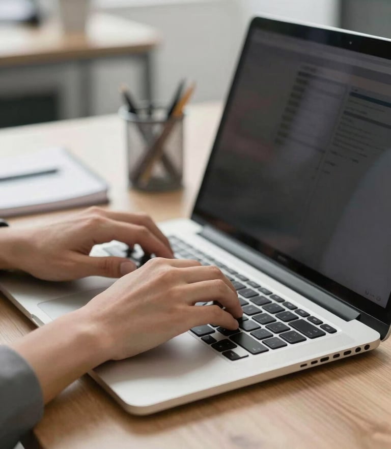 Close-up of organized modern office desk, hands typing on a sleek laptop, neutral bright daylight, clean corporate aesthetic.