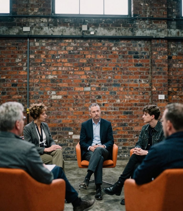 A gritty editorial photograph of a strategy session in a Salford brick-walled warehouse, natural overcast daylight, desaturated cool tones, 35mm film grain.