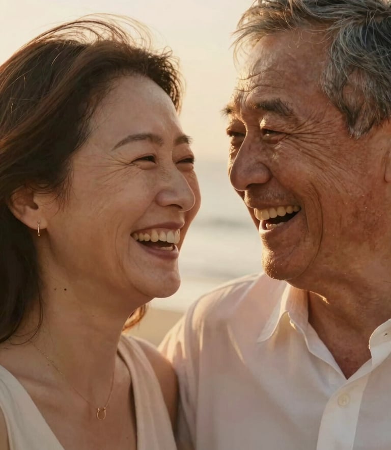 Close-up portrait of a mature couple laughing naturally, soft golden-hour light, warm editorial photography, authentic candid moment