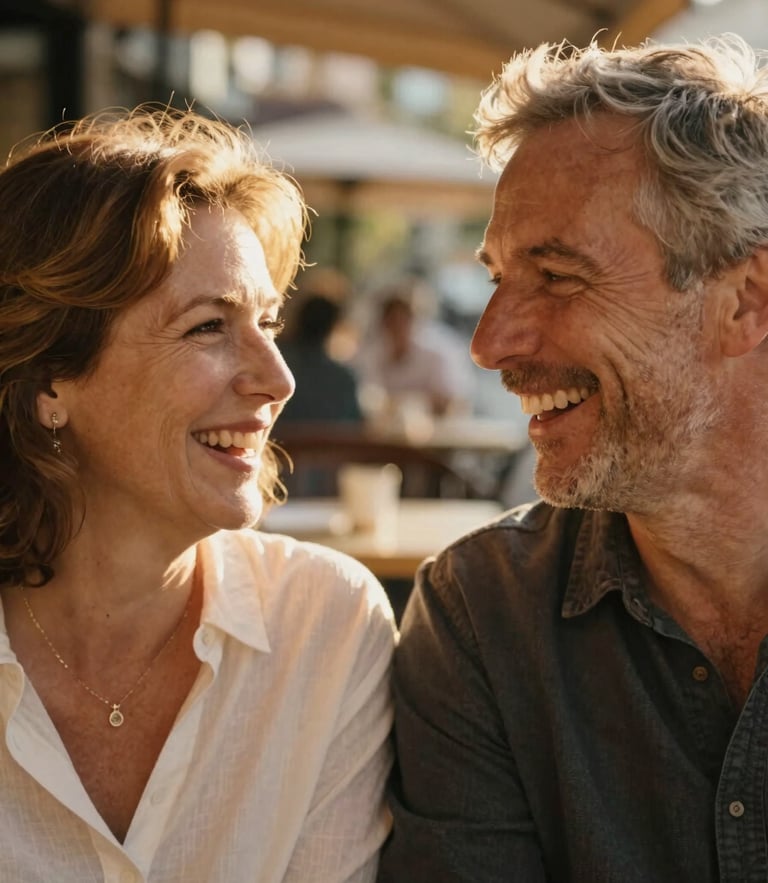 Close-up of a mature couple laughing together in warm golden-hour light, soft focus, authentic French cafe terrace in the background.