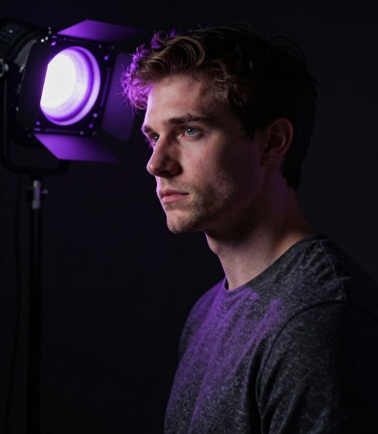 Moody portrait of a digital artist in a dark studio, illuminated by a sharp single-source electric purple light from the side, high-contrast chiaroscuro, cinematic composition.