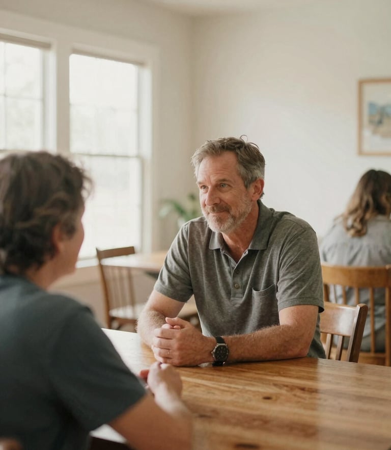 A warm, sunlit community room in Georgia, a mentor and a local resident sitting together at a wooden table, soft focus background, warm 35mm film style.