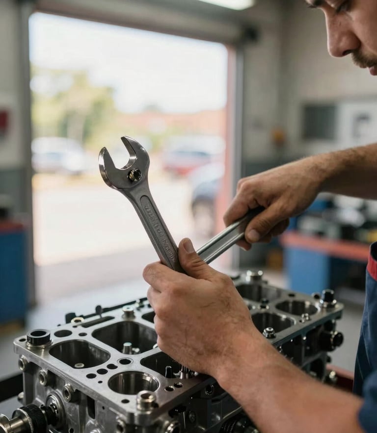 Close-up of a professional mechanic's hands using a wrench on an engine block, cool fluorescent shop lighting mixing with warm natural daylight from an open bay door.