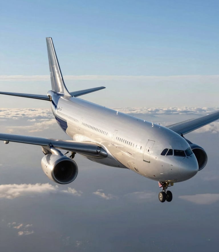 An Airbus A330 in clean high-altitude flight above a sea of clouds, crisp morning light, silver fuselage reflecting blue sky, professional aviation photography.