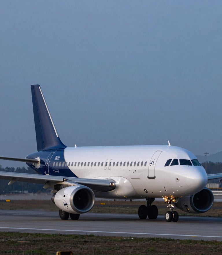 An Airbus A320 taxiing on a clean runway at dawn, sharp focus, cold blue hour lighting, minimal architectural background.