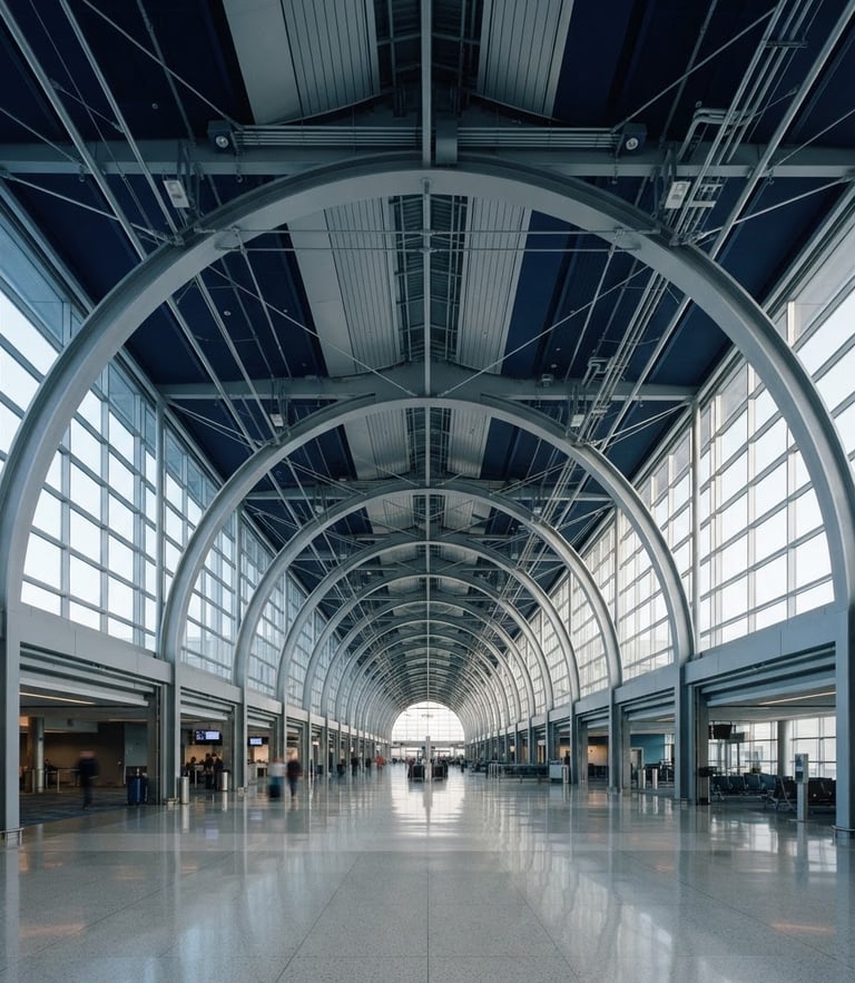 Symmetric architectural shot of a modern airport terminal ceiling with clean steel arches, cold crisp morning light, deep navy and silver tones, sharp focus, premium corporate aviation photography