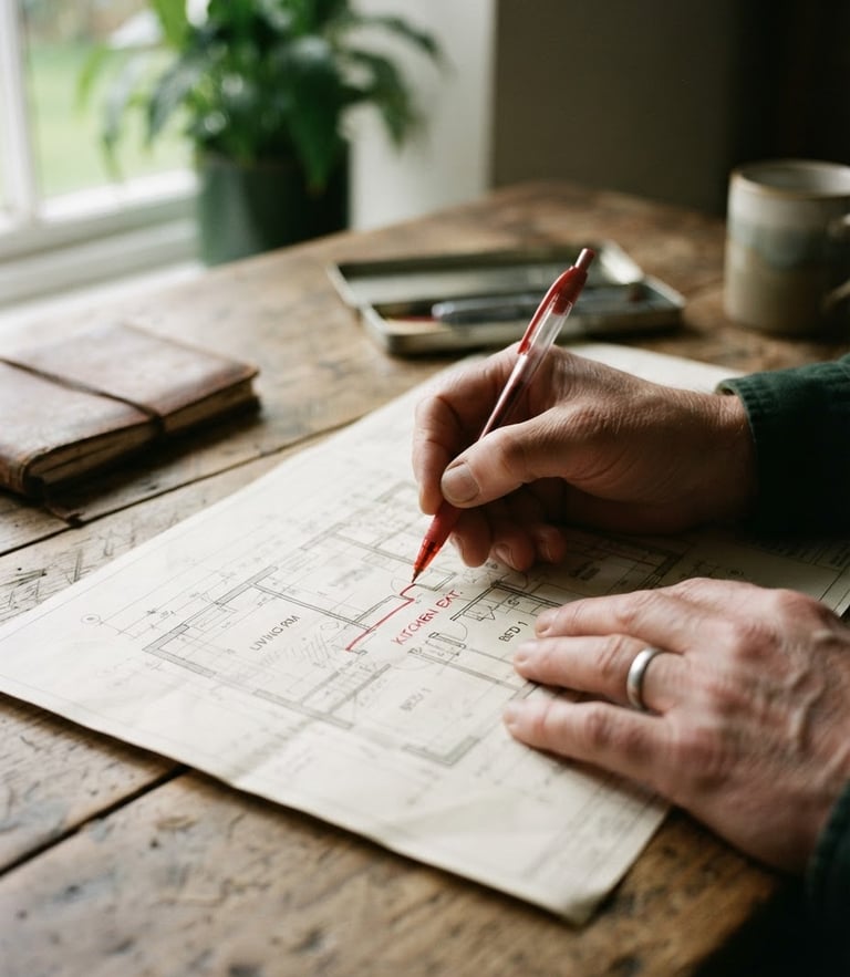 Macro detail shot of a physical property report on a rustic wooden desk, hands marking up a floor plan with a red pen, soft overcast daylight