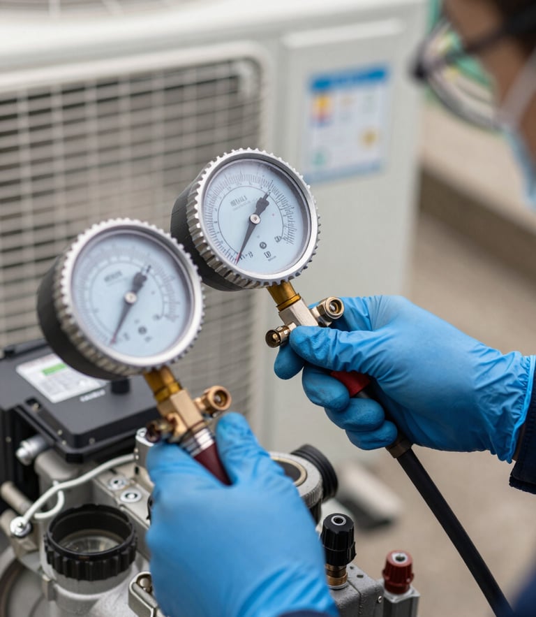 Close-up of a technician's hands in blue gloves using a digital manifold gauge to check refrigerant pressure on an outdoor AC compressor unit.