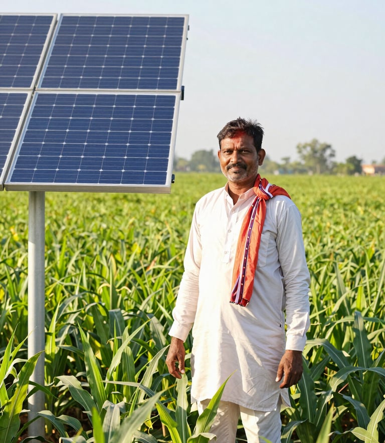 A proud Indian farmer standing in a lush green crop field next to a high-efficiency solar panel, bright direct midday sunlight, realistic agricultural photography, 35mm lens.