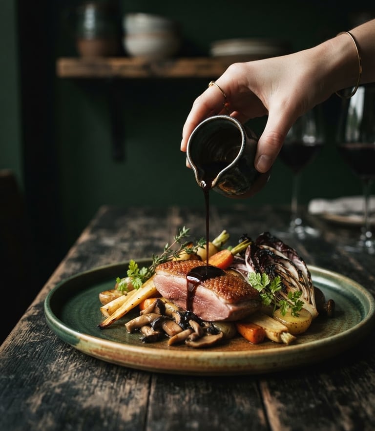 Moody editorial food photography, dramatic side-lighting, a delicate hand pouring reduction sauce onto an artfully plated dish with bamboo textures, shallow depth of field.