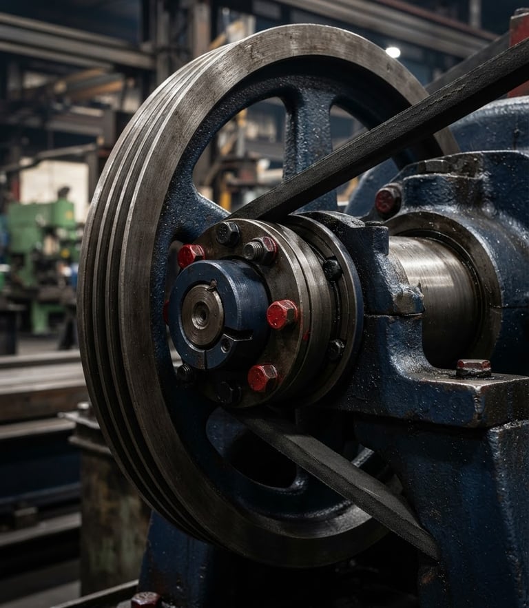 Macro photograph of a heavy-duty industrial V-belt pulley mechanism, high-contrast studio lighting, deep navy and crimson accents, crisp metallic textures