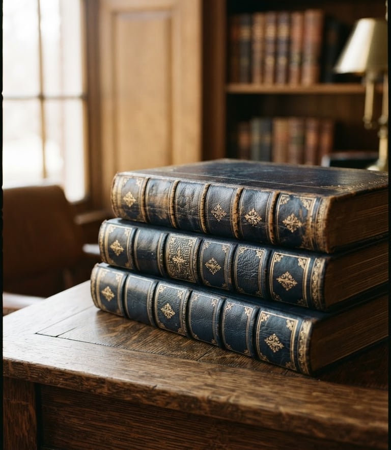 Medium close-up of leather-bound legal codes on a structured wooden desk, soft warm window light, deep navy and gold tones, shallow depth of field, 35mm