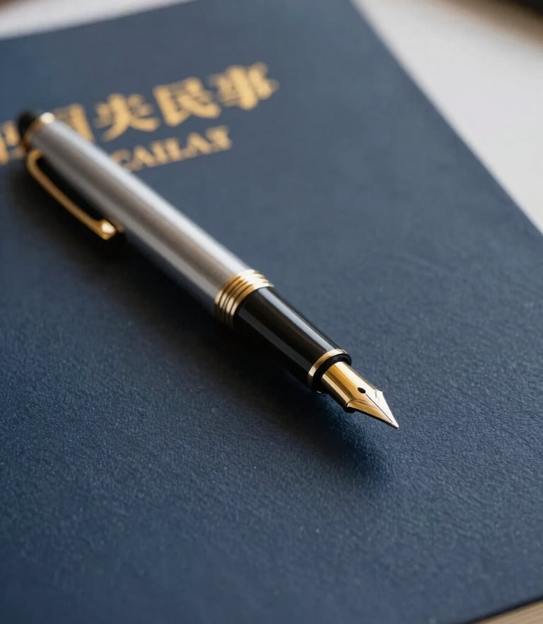 Close-up of elegant fountain pen resting on official legal documents, soft side lighting, deep slate and warm gold tones, sharp focus, 35mm lens.