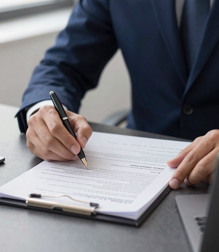 Close-up of professional hands in a sober office reviewing legal tax documents with a fountain pen, soft side lighting, deep navy tones