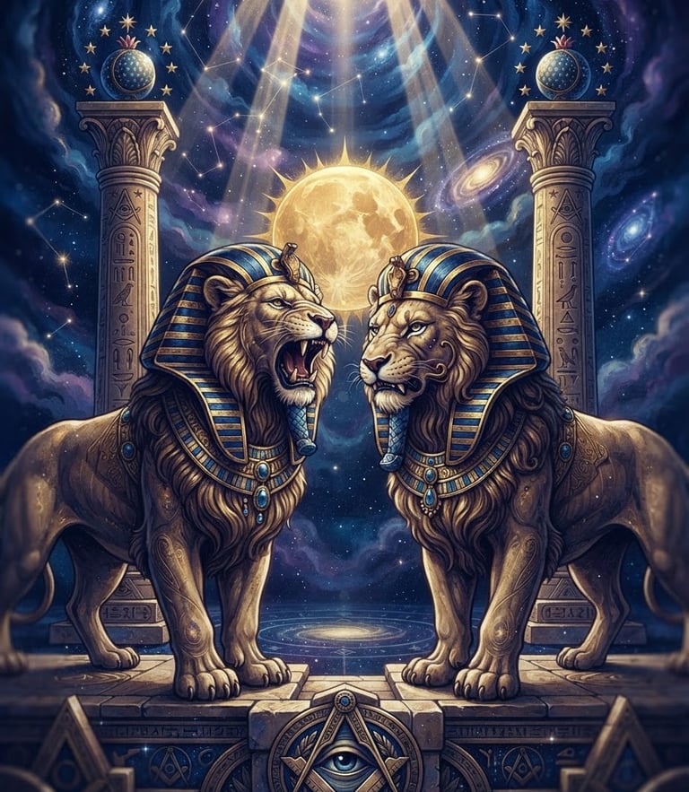 Anamorphic depictions of Jachin and Boaz lions wearing pharaoh headdresses, one growling, the other with a slight snarl, set against celestial scenery with twin masonic pillars and golden light rays, mystical digital illustration.