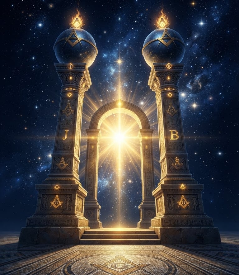 Low angle symmetrical composition of twin masonic pillars Jachin and Boaz, golden rays piercing a deep navy celestial starfield, mystical digital illustration