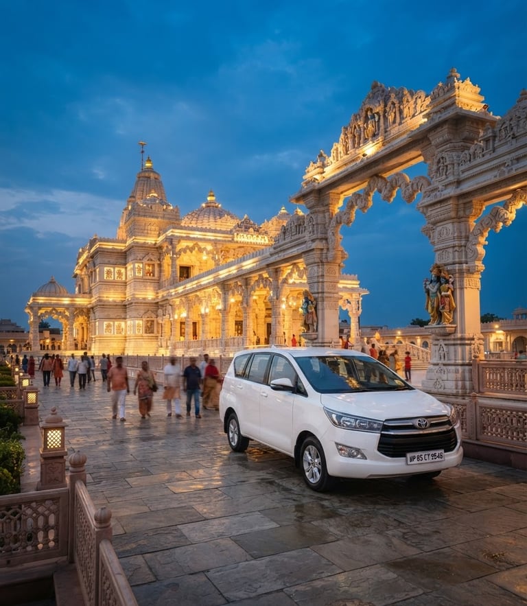A pristine white Innova Crysta parked near the elegant arches of Prem Mandir in Vrindavan during warm golden twilight, soft gold and rich blue tones, sharp focus.
