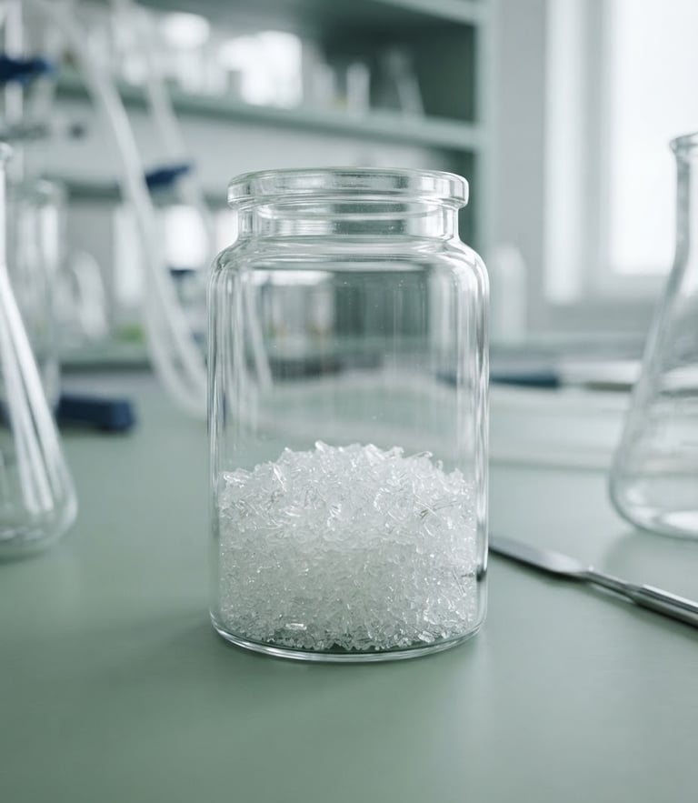 Macro close-up of high-purity crystalline powder in laboratory glassware, soft clinical slate blue and sage green lighting, bright diffused daylight, professional scientific photography
