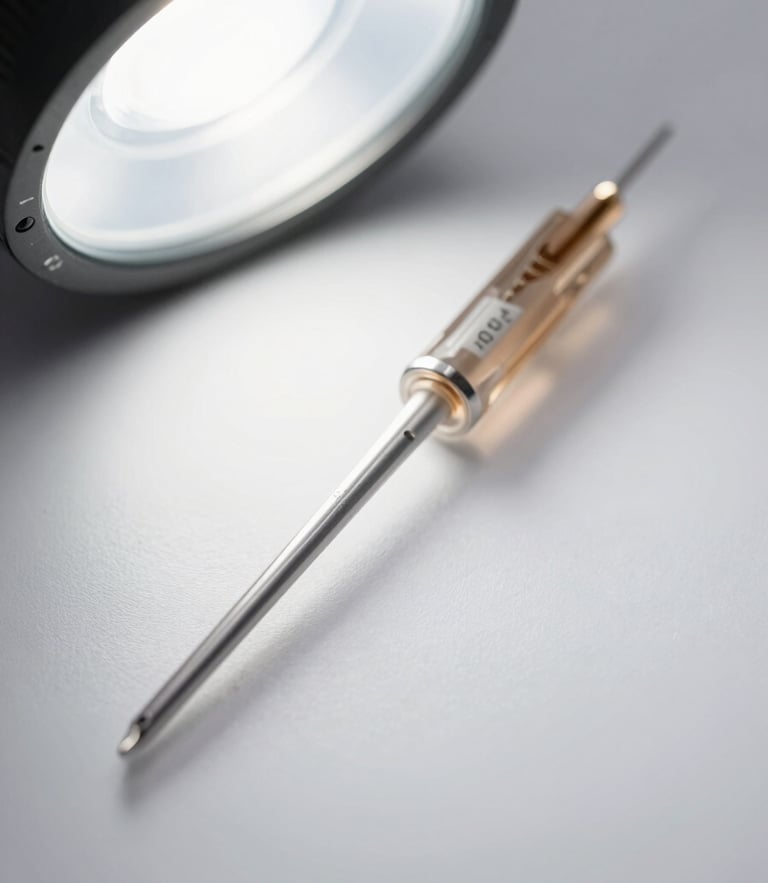 Macro shot of a sterile disposable needle bevel, clinical white shadowless studio lighting, high precision engineering detail.