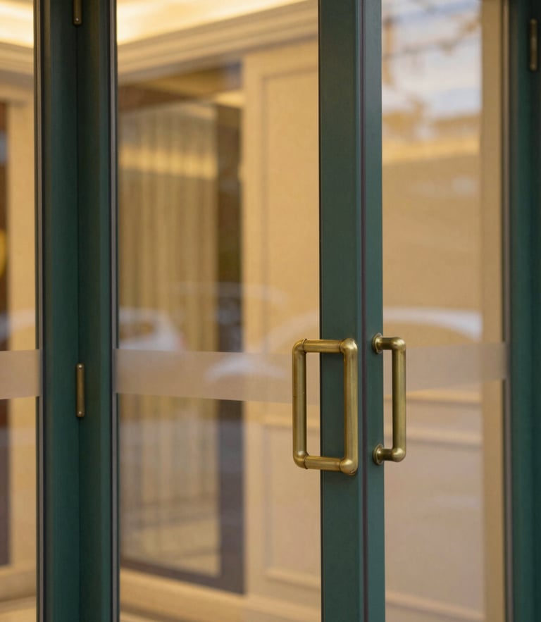 Architectural close-up of a secure, warm-lit biometric glass entry portal at dusk, elegant brass details, soft focus background