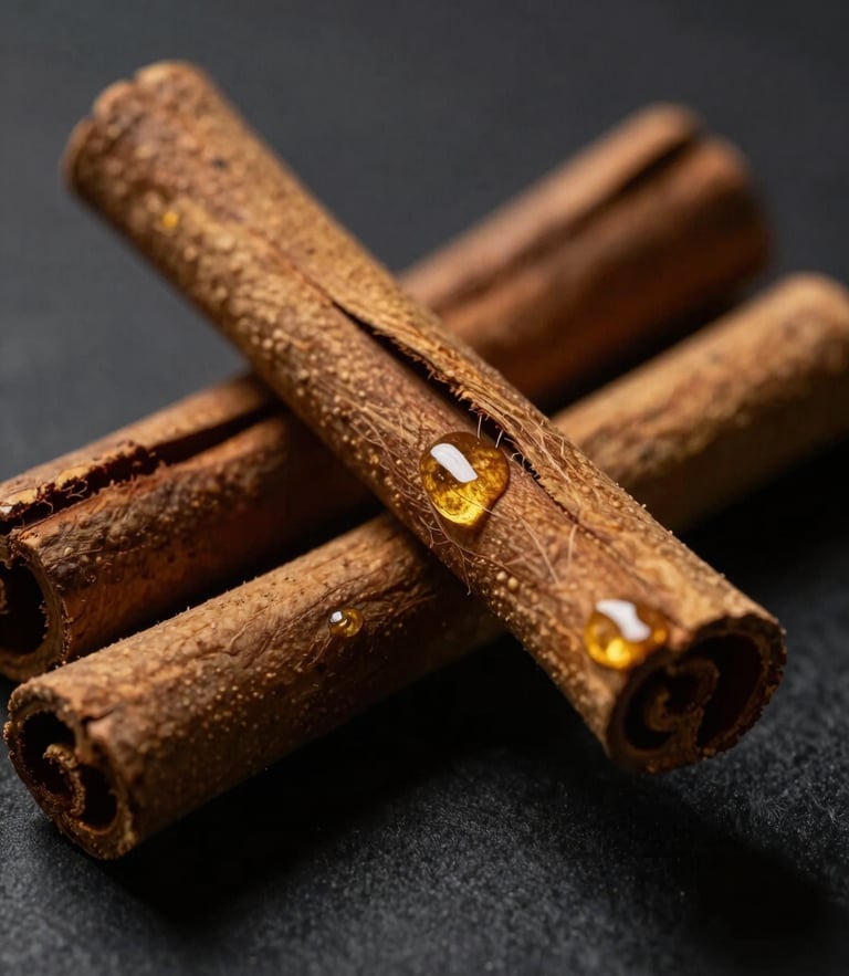 Moody macro photography of whole Ceylon cinnamon quills, dramatic low-key side lighting, deep charcoal background, highlighting rich natural oils