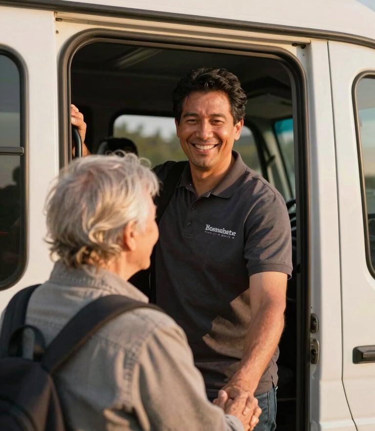 A warm editorial close-up of a friendly volunteer driver smiling as they help an elderly passenger board a clean transit vehicle, soft golden-hour light