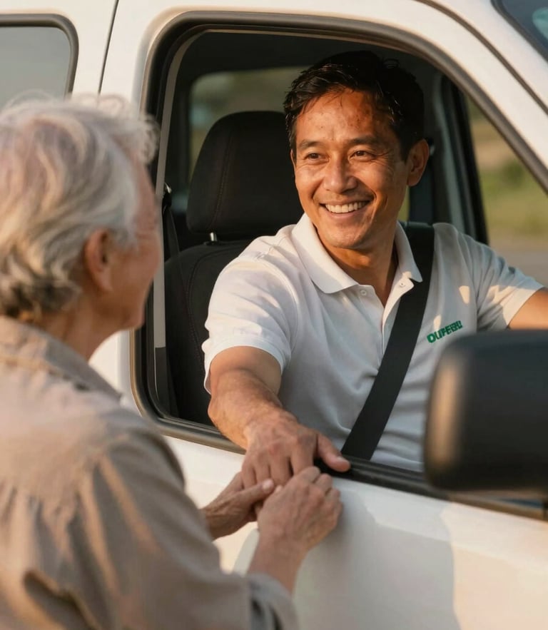 A warm close-up of a volunteer driver smiling and greeting an elderly passenger boarding a clean vehicle, soft natural golden hour light, 35mm