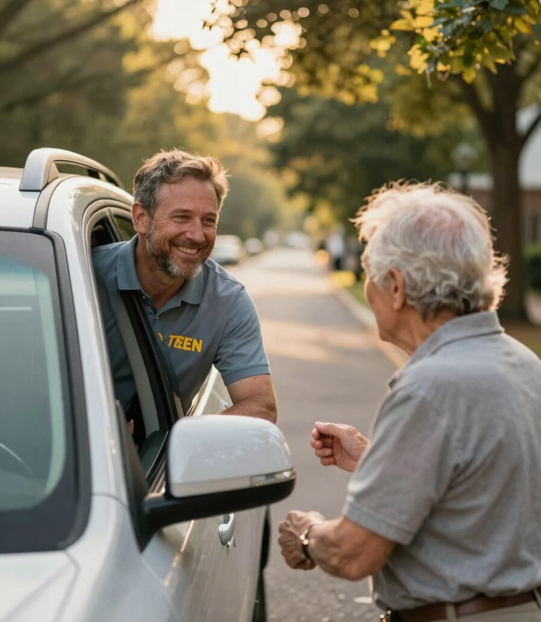 A friendly volunteer driver warmly greeting an elderly passenger near a parked vehicle on a quiet, tree-lined street in Morrow, Georgia. Soft golden hour light filtering through the leaves, medium close-up, shallow depth of field, warm editorial photography style.