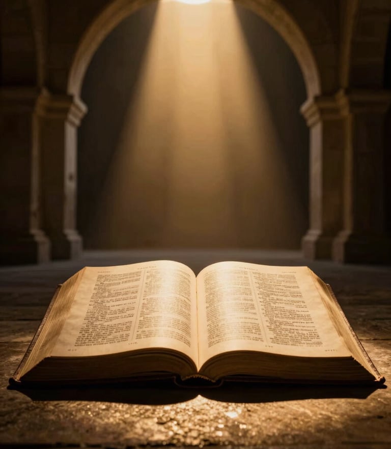 Dramatic chiaroscuro photography of an open ancient Bible under a single warm golden spotlight, faint light rays cutting through a dark majestic stone archway, cinematic, 50mm lens
