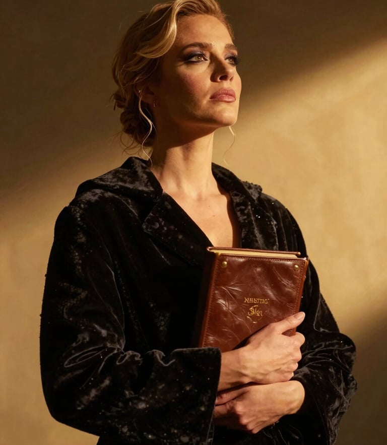 Low-angle dramatic portrait of Ingrid Phlegm in a dark velvet robe, holding a leather-bound book, warm golden spotlight, cinematic chiaroscuro.