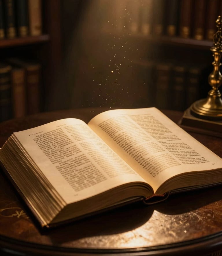 Dramatic chiaroscuro photography of an open leather-bound scripture under a single warm golden spotlight, dust motes in the dark air, royal library background