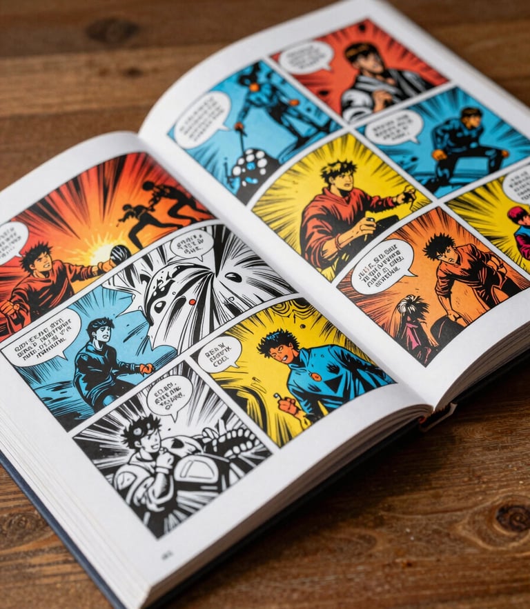 Vibrant studio photography of a hand-inked comic book open on a wooden table, dynamic diagonal angle, high-contrast shadows showing paper texture.