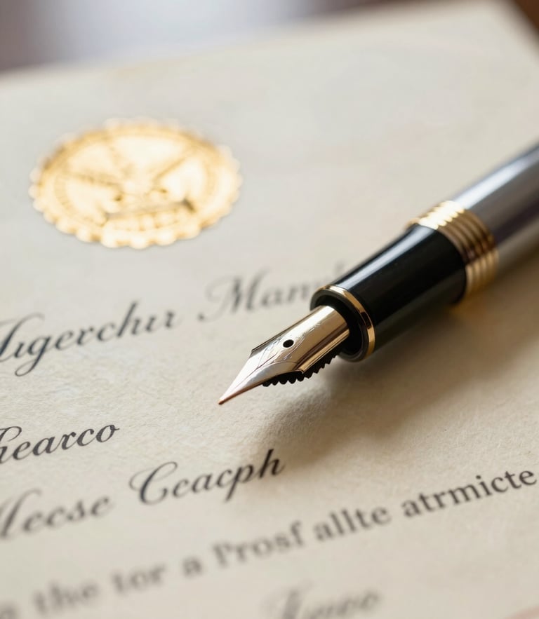 Macro close-up of a premium fountain pen resting on a crisp, official marriage certificate, soft window light highlighting the gold foil seal, warm cream paper texture.