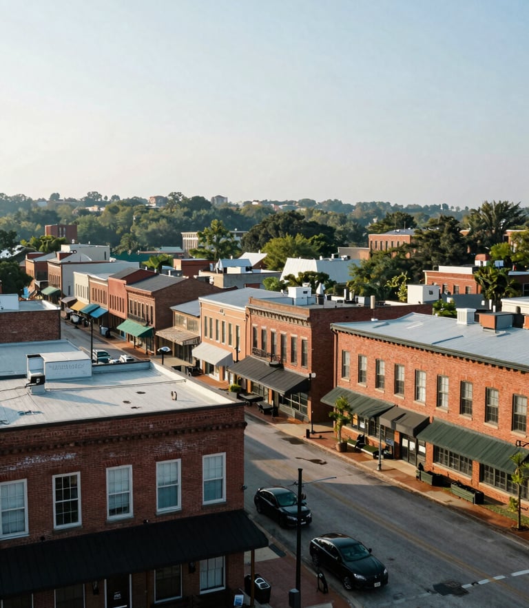 Wide panoramic view of downtown Watkinsville on a clear morning, soft natural daylight, historic brick buildings and quiet streets.